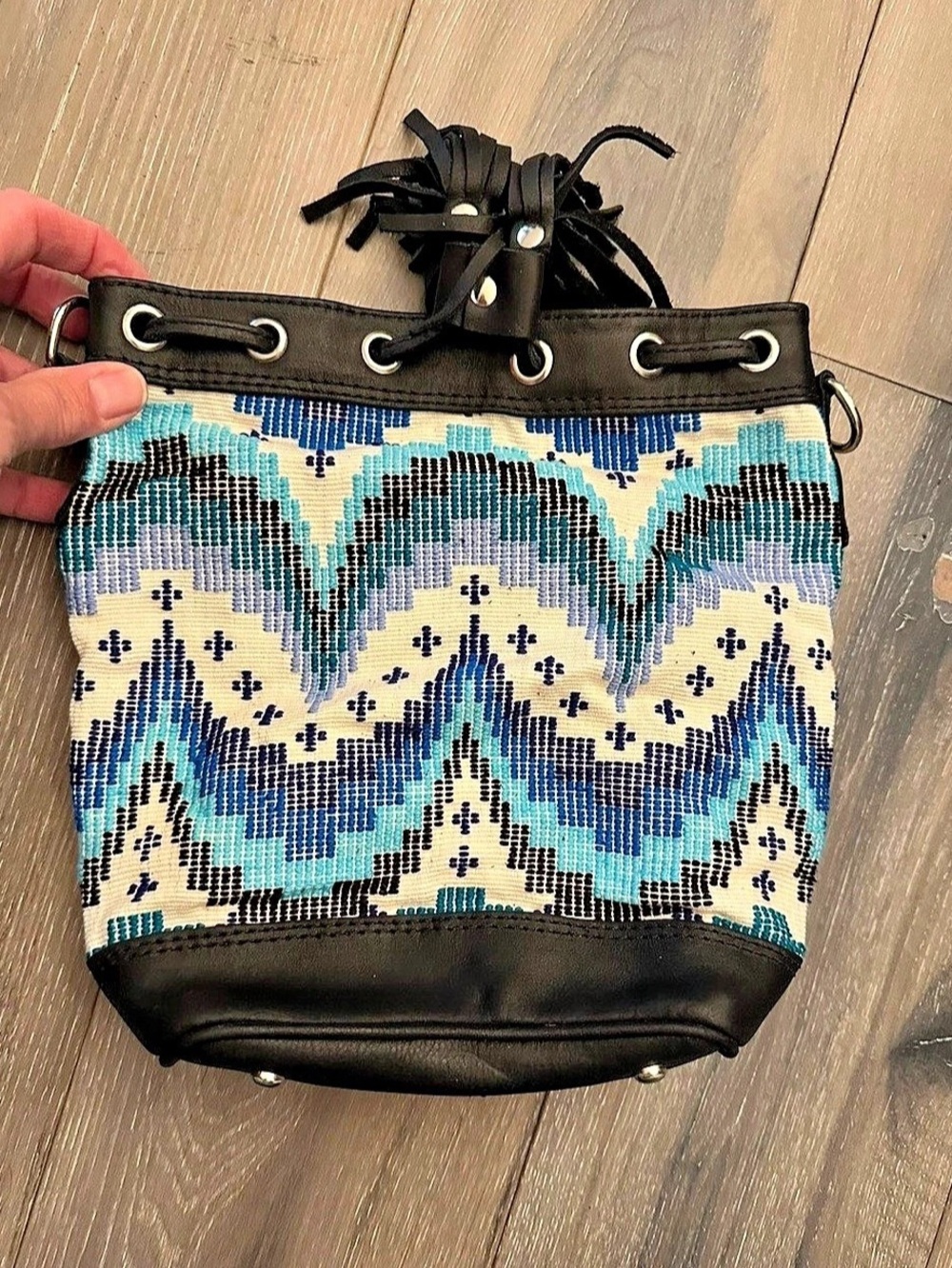 Mini Bucket Crossbody Bag in Black & Blue Moons print